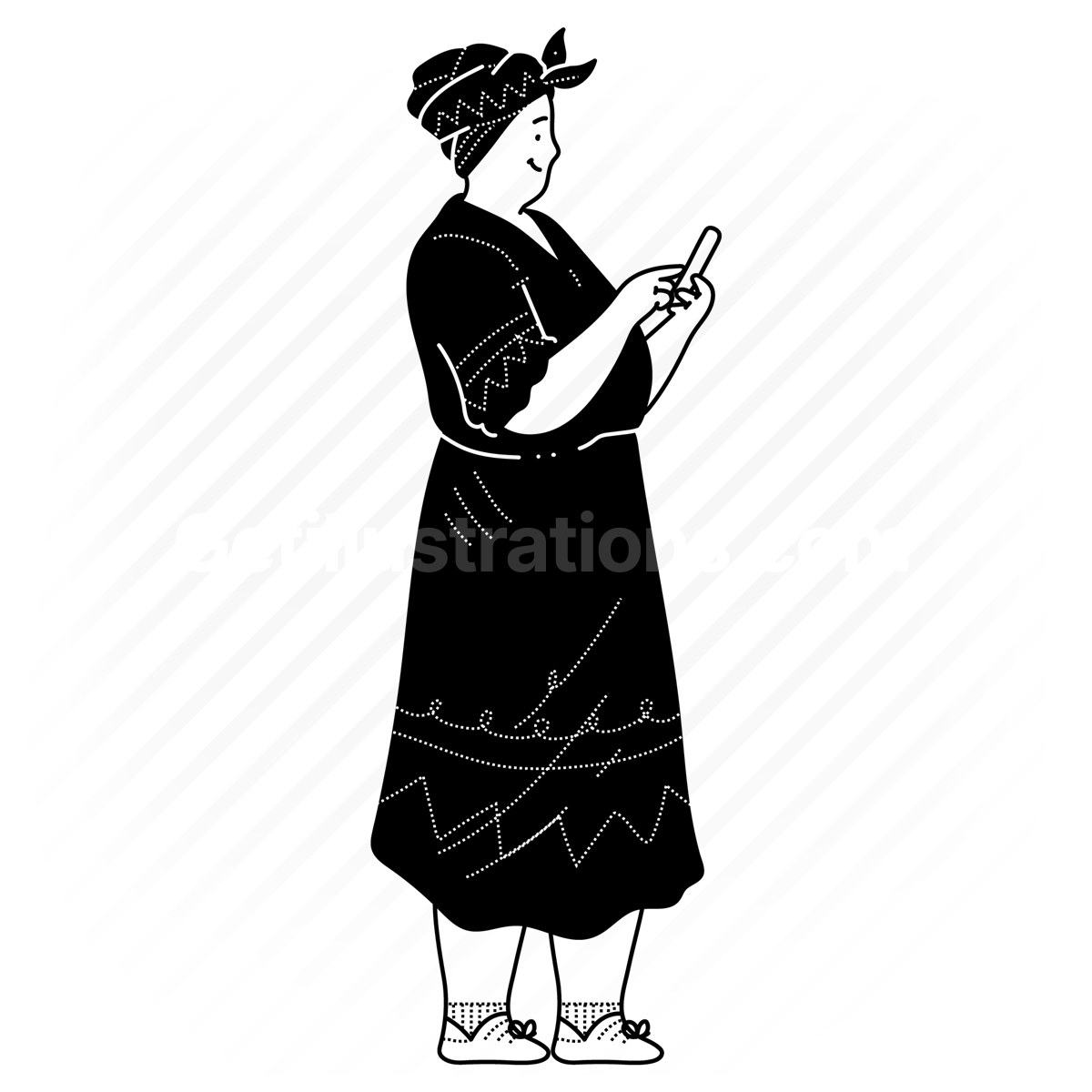 elder, elderly, woman, female, phone, smartphone, headscarf, dress